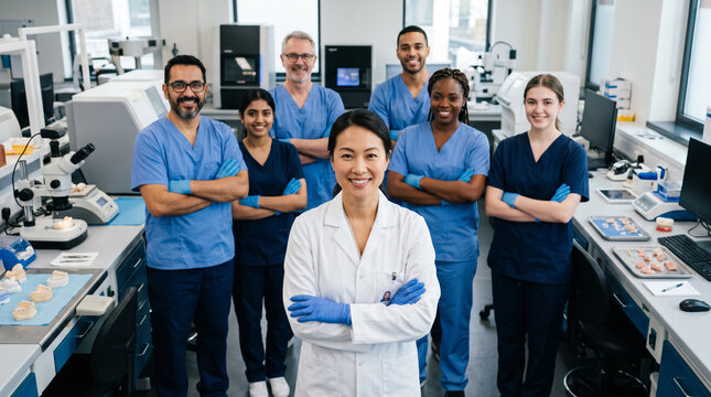 Confident dental laboratory manager leads diverse team of technicians in modern lab, showcasing collaboration, dental technology, precision craftsmanship and professional healthcare with copy space.