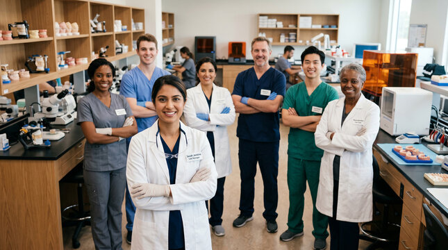 Confident dental laboratory manager leads diverse team of technicians in modern lab, showcasing collaboration, dental technology, precision craftsmanship and professional healthcare with copy space.