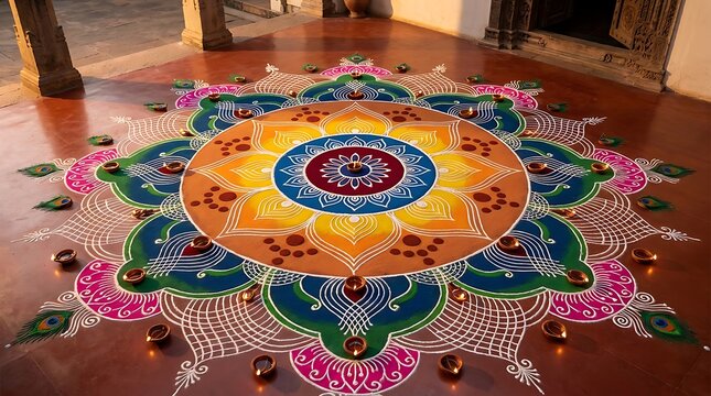 Beautiful rangoli design with lit diyas on the floor for diwali festival