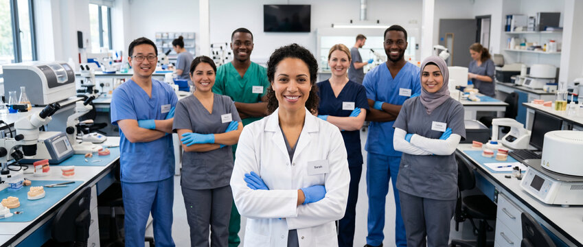 Confident dental laboratory manager leads diverse team of technicians in modern lab, showcasing collaboration, dental technology, precision craftsmanship and professional healthcare with copy space.