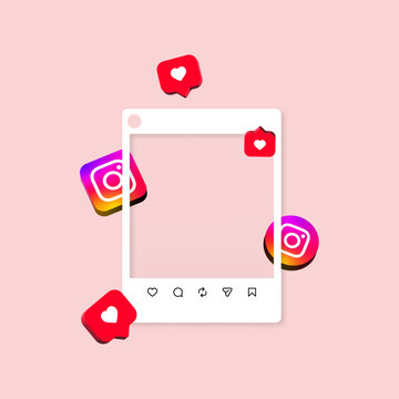 instagram mockup social media template frame, 3d instagram logo and web post mock up frame, 3d love like heart in speech bubble, instagram social media notification icons like, comment, share icon