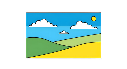 Fototapeta premium Colorful cartoon landscape with rolling hills and sunny sky.