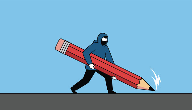 Mysterious person in a blue hoodie and black mask holding a giant red pencil and sketching a bright white line on the floor.