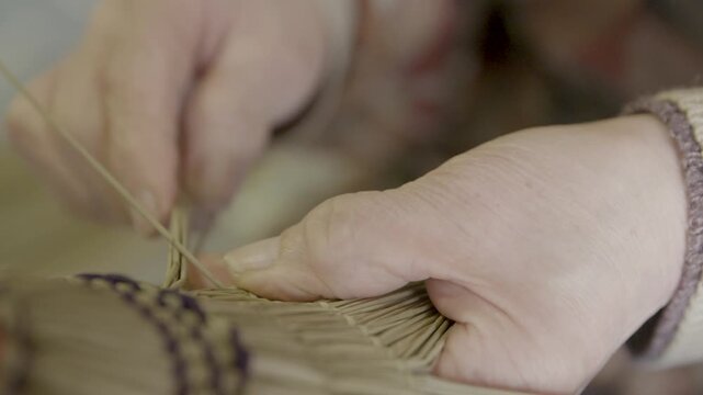 Hands Weaving Traditional Bon Odori Hat in Ugo Town Akita Prefecture J