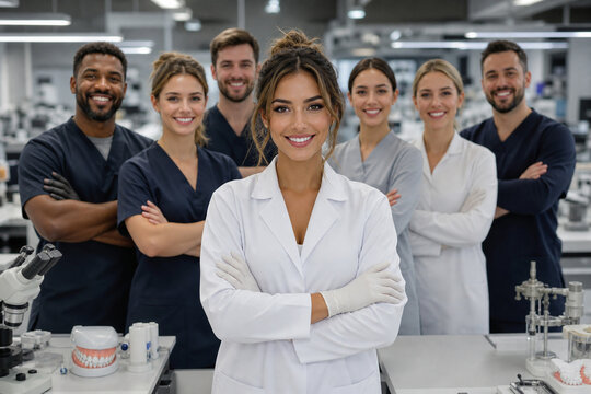 Dental laboratory team standing together in modern facility