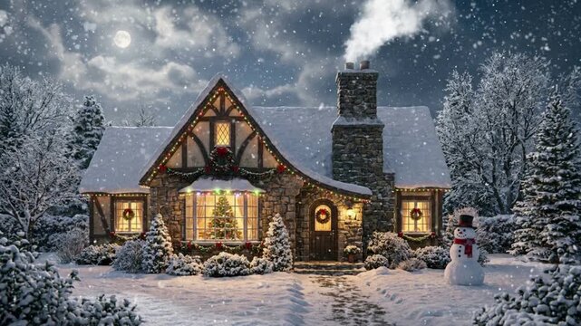 Cozy Christmas Cottage with Snowman, Decorated Lights, and Falling Snow at Night
