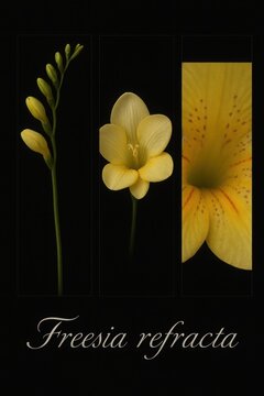 Reproductive structure of Freesia refracta shown in magnified view, revealing stamens and pistil arrangement