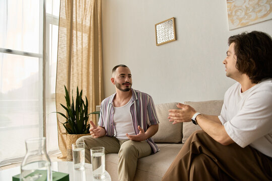 Support and connection flourish in a loving gay couple during a therapy session