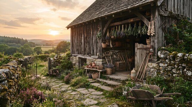 Rustic Wooden Barn in a Peaceful Countryside Garden at Sunset
