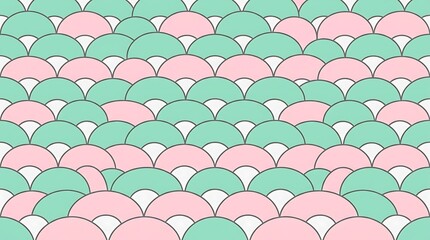Seamless pastel scallop wave pattern with mint and pink circles