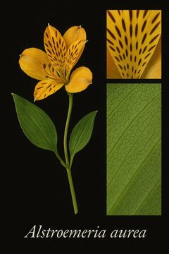 Golden Peruvian lily specimen shown alongside magnified petal markings and glossy foliage detail