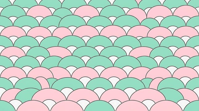 Seamless pastel scallop wave pattern with mint and pink circles
