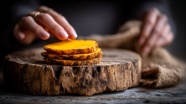 Hand arranging stacked slices of fresh sweet potato on rustic wooden board with preparing