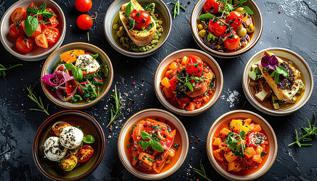 Overhead luxury presentation of small tapas in modern ceramic bowls