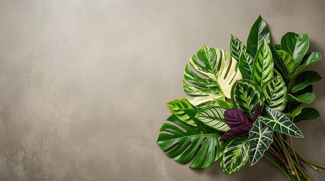 Beautiful tropical foliage background featuring various houseplant leaves, lush green tropical foliage arranged on concrete with copy space, elegant tropical foliage for design.
