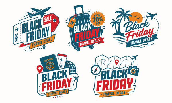 Black Friday Travel Deals Sale Vector Badge Set with Airplane Luggage and Passport Icons