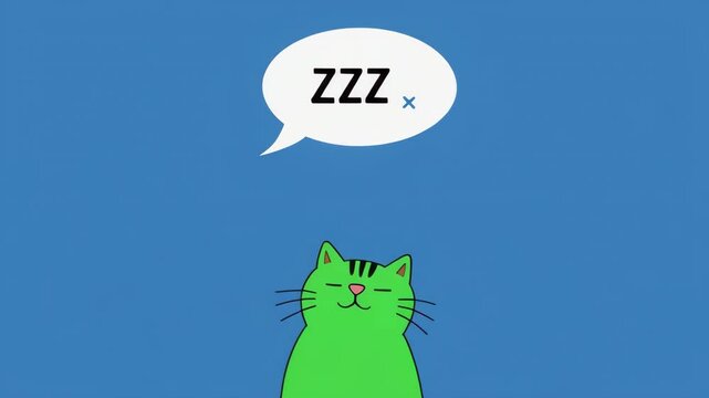 Green Cat Yawning Zzz in Motion Sequence Against Blue Background Simple Animation