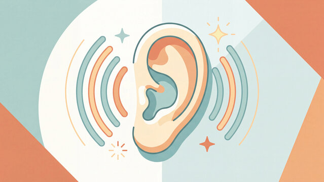 Flat illustration of human ear with concentric sound waves representing tinnitus and ringing sensation, hearing health concept