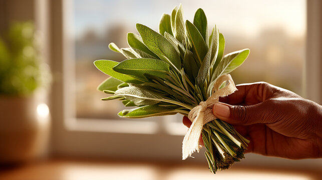 Person holding fresh bundle of culinary sage herbs tied with string culinary ingredient
