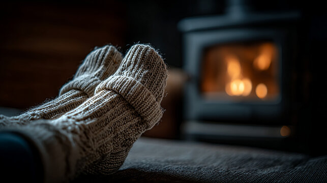 Person wearing thick knitted wool socks resting near warm indoor fireplace with fireplace