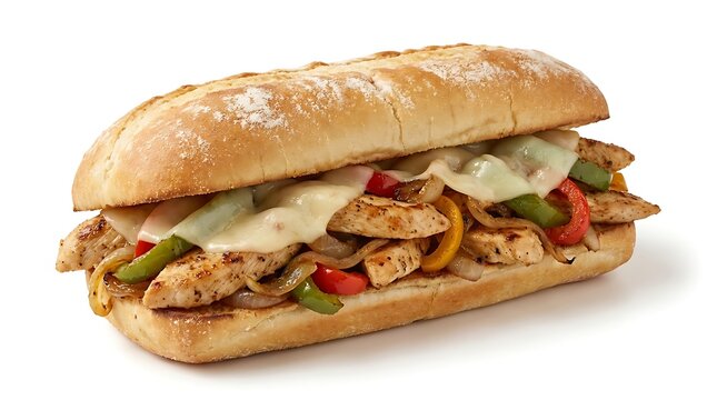 Fresh chicken sandwich with grilled vegetables and bell peppers inside a soft toasted bread bun for a delicious lunch snack. Chicken philly