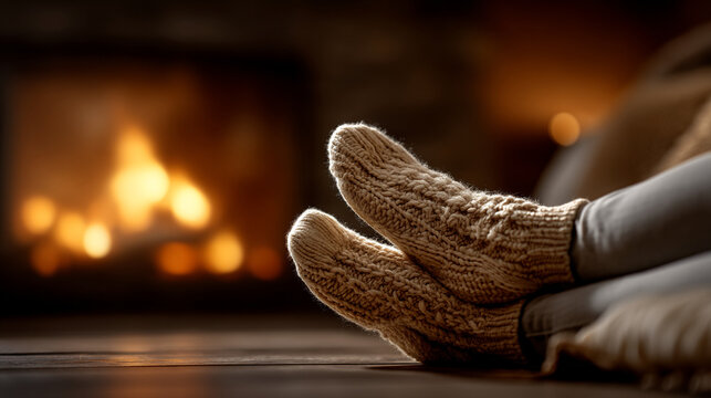 Person sitting by cozy fireplace wearing warm knitted wool socks with fireplace, relaxation