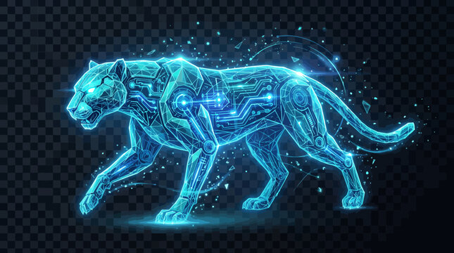 Futuristic Digital Panther Made of Circuits and Glowing Blue Lights.