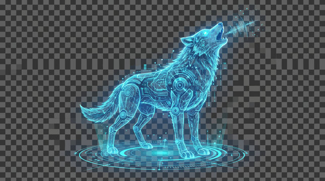 Digital wolf howling with glowing blue light and futuristic design.