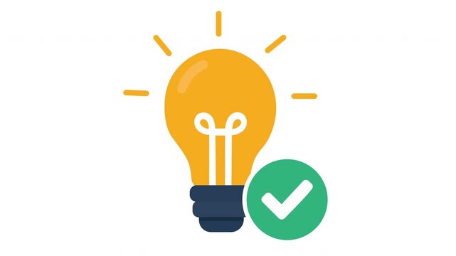 Glowing light bulb icon with green checkmark badge, approved business idea and valid solution flat vector motion graphics animation video