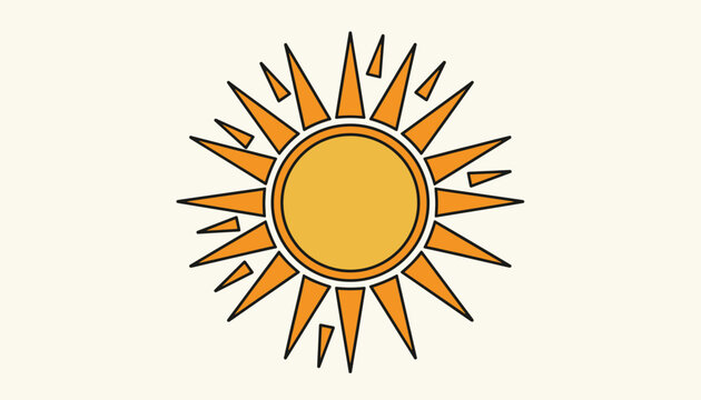Stylized retro yellow sun with sharp triangular rays and black outlines, presenting a classic vintage summer emblem on white.