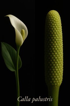 Fine visual taxonomy portrait of Calla palustris with elegant white spathe and reticulated central spadix