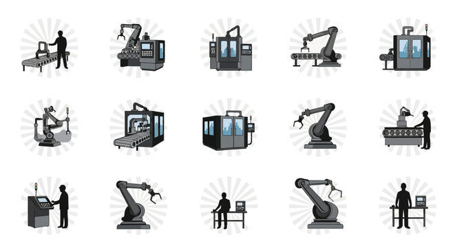 Industrial Automation Icons: Robotic Arms, CNC Machines, Assembly Lines, and Workers