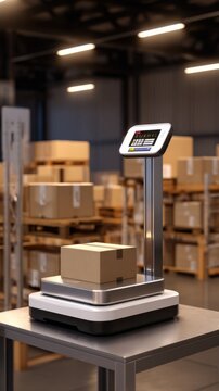 A digital scale measures a cardboard box in a warehouse filled with stacked packages