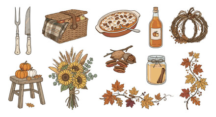 A collection of hand-drawn autumn and Thanksgiving themed items including pumpkins, a picnic basket, casserole, cider, sunflowers, and fall leaves. © hudannrmtqn