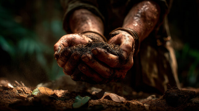 Person holding rich dark soil in hands outdoors concept of nature and gardening with gardening