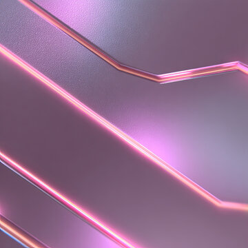 Futuristic metallic surface. Angular grooves illuminated with pink and purple light. Sleek high‑tech composition for modern design  