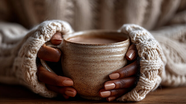 Person wearing warm knitted sweater holding a ceramic mug of hot drink with beverage, relaxation