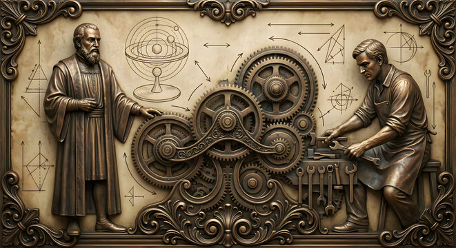 Detailed bronze bas relief panel featuring a renaissance astronomer and a workshop mechanic adjusting large cogs within an ornate carved metal frame
