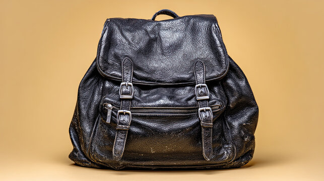 Black leather backpack with buckle straps on beige background