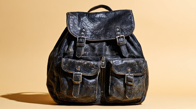 Vintage leather backpack. Black rugged bag with buckles and flap. Worn textured surface on beige background for fashion design  