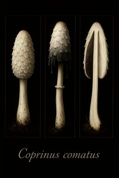 Botanical diptych panel presenting Coprinus comatus mushroom profile alongside longitudinal section displaying scaly cap and gills