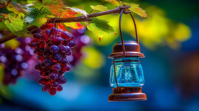 Blue rustic lantern hanging on a grapevine with purple grapes in autumn vineyard seasonal