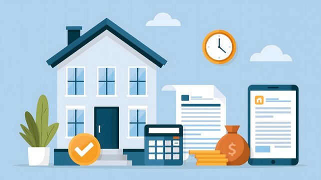 flat vector illustration of home financing process with mortgage approval, digital documents and banking technology, premium editorial design