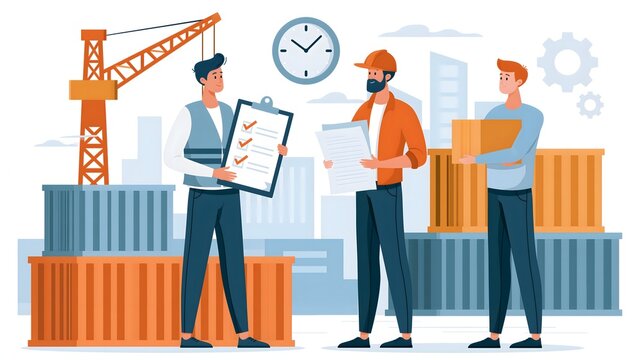 flat vector illustration of customs clearance and international shipping process with freight containers and logistics documents, modern business design