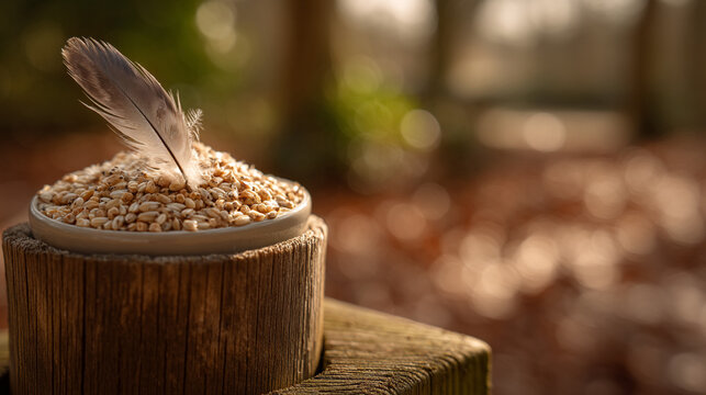 Single feather resting on bowl of grains on rustic wood stump in autumn park with outdoors