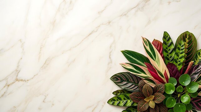Elegant composition of tropical leaves on a luxury white marble background, featuring various vibrant tropical leaves with copy space, perfect for botanical design and tropical leaves wallpaper.
