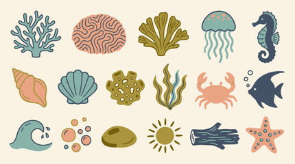Flat Colorful Coral Reef Sea Life Icon Set Vector Illustration © Crushin