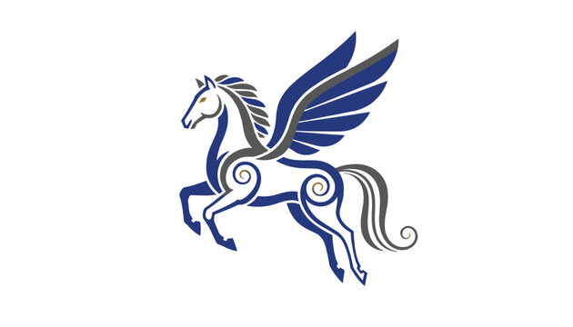 Winged pegasus horse in motion depicted in a modern graphic style with blue, grey, and gold spiral accents.