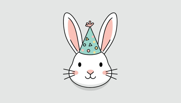 Cute white rabbit head wearing a colorful party hat against a neutral grey background for birthday designs.