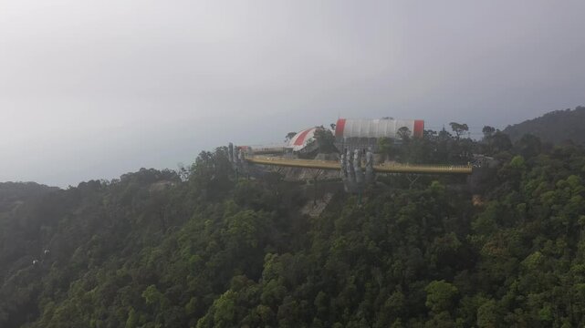 B&agrave; N&agrave; Hills Resort Aerial View: Golden Bridge, Giant Buddha Statue, French Village & Panoramic Da Nang Cityscape, Vietnam